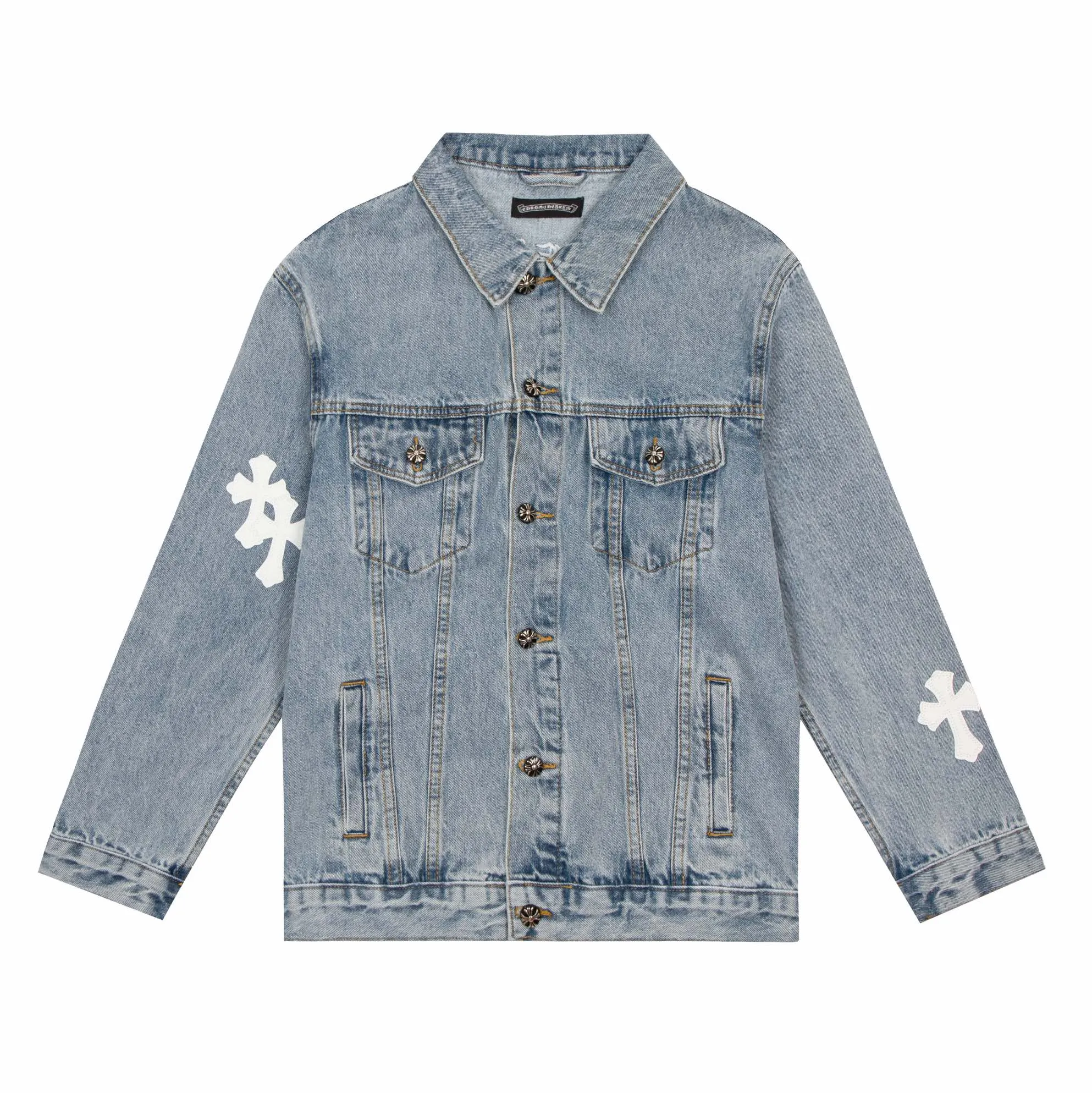 P240 Style number: H122 Chrome Hearts CH cross leather label patch with Sanskrit letters for couples, washed denim jacket, shirt jacket. Super popular style is here. The best item for this weather, cool oversize style. The classic white cross logo is all over the whole dress, and the large cross leather label on the back is the finishing touch. It is generous and full of personality without being exaggerated. It is a perfect versatile style for spring and summer! It is made of 100% denim cotton fabric with heavy thread count and washed with water to ensure a stiff and tough shape while being comfortable and breathable against the skin. The high-density embroidery of Sanskrit letters is ultra-exquisite. The original molded custom buttons, large cross leather label, and Croxin's silver jewelry details are all luxurious! Casual and loose version, lazy and casual, the same style for men and women. It is very trendy to match it with sweatpants and wide-leg pants. The focus is on versatility. It can be used as a jacket in spring and autumn. Size: S-XL Color: blue